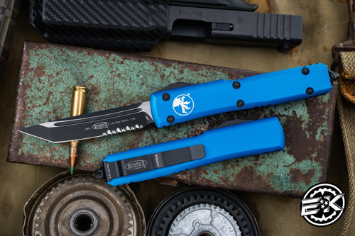 Microtech Ultratech OTF Automatic Blue 3.4\" Tanto Black Serrated 123-2BL