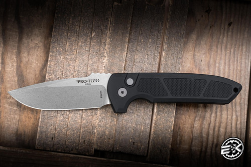 Preowned-ProTech Rockeye Automatic Folding Knife Textured Black Aluminum 3.4" S35VN Drop Point Stonewash LG305
