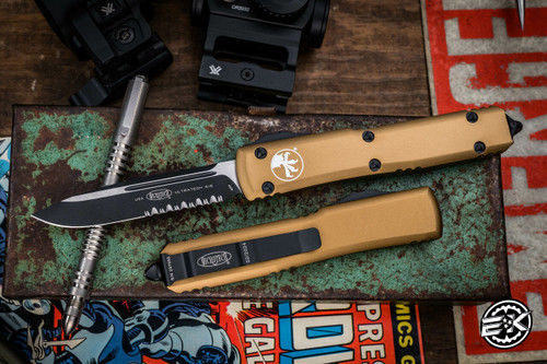 Microtech Ultratech OTF Automatic Knife Tan 3.4\" Drop Point Black Serrated 121-2TA