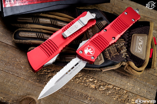 Microtech Combat Troodon Red OTF Automatic 3.8" Dagger Stonewash Full Serrated 142-12RD