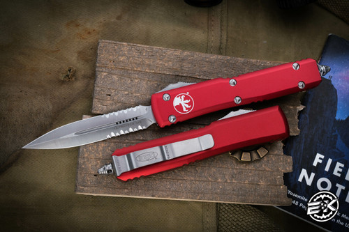 Microtech Ultratech OTF Automatic Knife Red 3.4" Dagger Satin Serrated 122-5RD