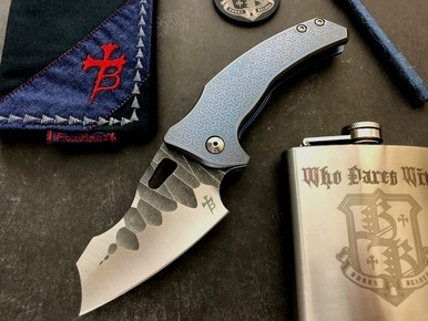 Borka Blades/Mike Bond Ti2 Design "Shylock" Blue Techno Polished Contour Titanium CPM-154 Satin Rock Grind