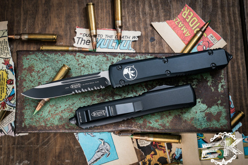 Microtech Ultratech OTF Automatic Knife Black 3.4\" Black Serrated 121-2T
