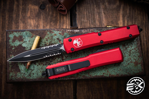 Microtech Ultratech OTF Automatic Knife Red 3.4\" Dagger Black Serrated 122-2RD