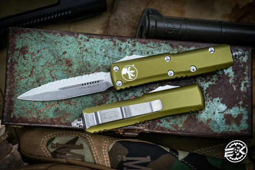 Microtech UTX-85 OTF Automatic Knife Green 3.1" Stonewash Full Serrated 232-12OD