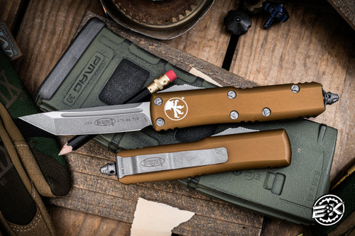 Microtech UTX-85 Tan OTF Automatic Knife 3" Apocalyptic M390 Tanto 233-10APTA