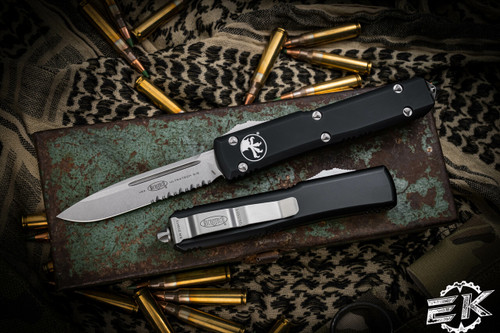 Microtech Ultratech OTF Automatic Knife 3.4\" Drop Point Stonewash Serrated 121-11