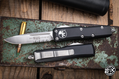 Microtech UTX-85 OTF Automatic Knife 3\" M390 Drop Point Satin Serrated 231-5