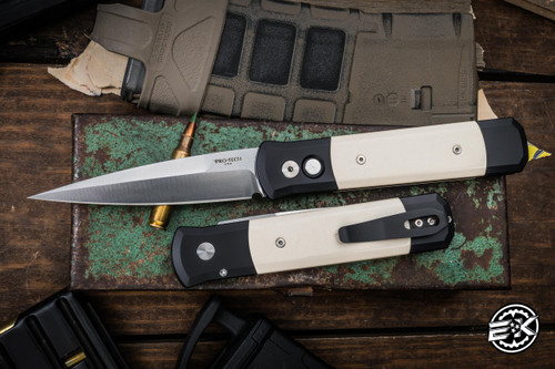 Protech Godfather Automatic Knife Aluminum Tuxedo Ivory Micarta Inlay 4"154CM Bayonet Satin