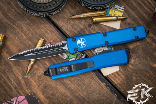 Microtech Ultratech OTF Automatic Knife Blue 3.4\" Dagger Black Serrated 122-3BL