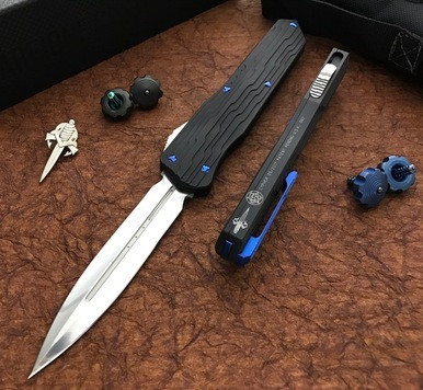 Microtech Marfione Cypher Black Alloy Blue Accents Hand Satin M390