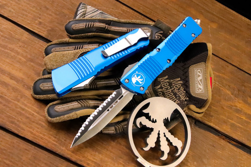 Microtech Combat Troodon OTF Automatic Knife Blue 3.8\" Dagger Satin Serrated 142-6BL