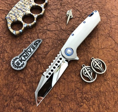 Marfione Custom Warhound Folder Hand Rubbed Titanium Blue Accents Mirror Polish M390