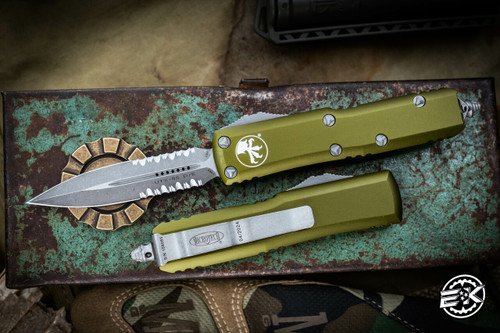 Microtech UTX-85 OTF Automatic Knife Green D/E 3" Dagger Stonewash Serrated 232-11APOD