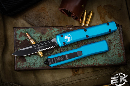 Microtech Ultratech Turquoise OTF Automatic 3.4\" Drop Point Black Serrated 121-2TQ