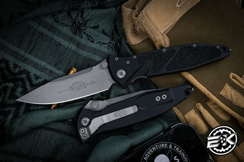Microtech Socom Elite Manual Folding Knife Black Aluminum/Grip Inlay 4\" M390 Clip Point Stonewash Apocalyptic 160-10AP