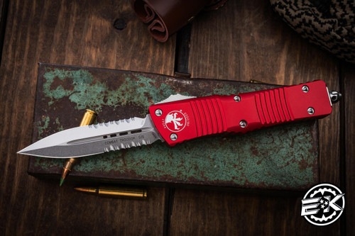 Microtech Combat Troodon OTF Automatic Knife Red 3.8" Dagger Stonewash Serrated 142-11RD