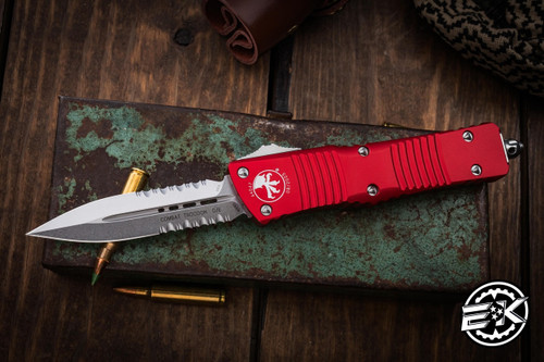 Microtech Combat Troodon OTF Automatic Knife Red 3.8\" Dagger Stonewash Serrated 142-11RD