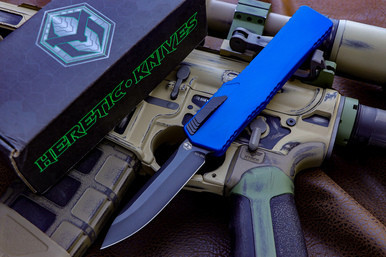 Heretic Knives Cleric Blue OTF Automatic Knife 3.5" Black DLC