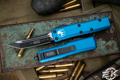 Microtech UTX-85 OTF Automatic Knife Blue 3.1\" Tanto Black 233-1BL