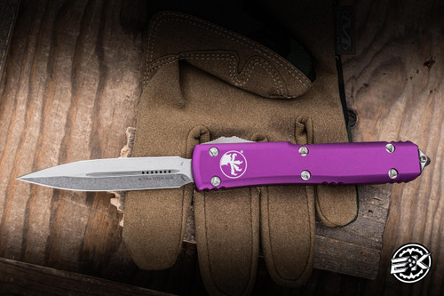 Microtech Ultratech Automatic OTF Knife Violet  Aluminum 3.4\" M390 Dagger Stonewash 122-10VI