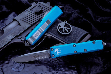 Microtech UTX-85 Turquoise OTF Automatic Knife 3" Stonewash Serrated 231-11TQ