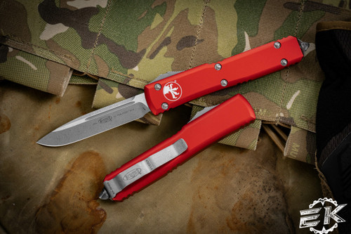 Microtech Ultratech OTF Automatic Knife Red 3.4\" Drop Point Apocalyptic Stonewash 121-10APRD
