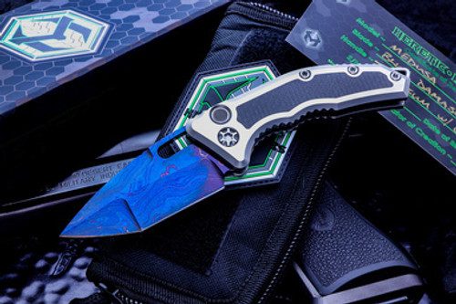 Heretic Knives Medusa Auto Titanium, Carbon Fiber, Blued Damascus (2019 Blade Show)