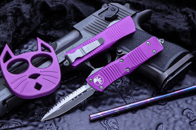 Microtech Troodon Violet OTF Satin D/E 3" 204P Dagger Full Serrated 138-6VI