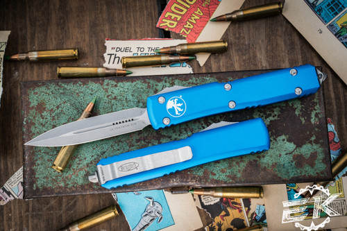 Microtech Ultratech OTF Automatic Knife Blue 3.4" Dagger Apocalyptic Stonewash 122-10APBL