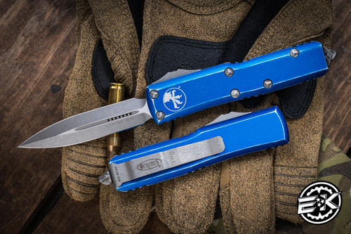 Microtech UTX-85 OTF Automatic Knife Distressed Blue 3.1\" Dagger Stonewash 232-10DBL