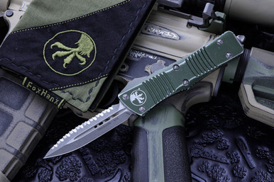 Microtech Troodon OTF Green Distressed D/E 3" (Dagger Stonewash Serrated) 138-12DOD