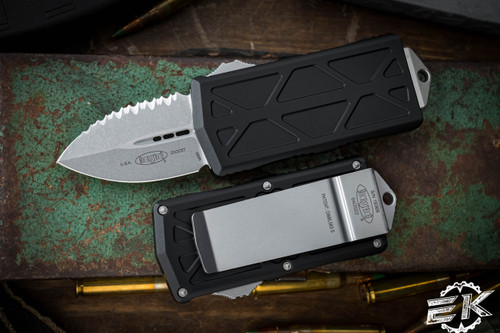 Microtech Exocet Money Clip OTF Automatic Black Knife Cali Legal 1.9\" Stonewash Dagger Serrated 157-12