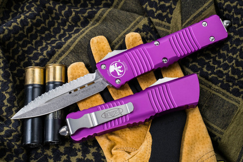 Microtech Combat Troodon OTF Automatic Violet 3.8\" Dagger Serrated Stonewash 142-12VI
