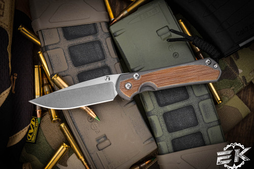 Chris Reeve Knives Small Sebenza 31 Folding Knife Knife Sandblasted Titanium, Natural Canvas Micarta Inlay 3\" MagnaCut Drop Point Stonewash S31-1212
