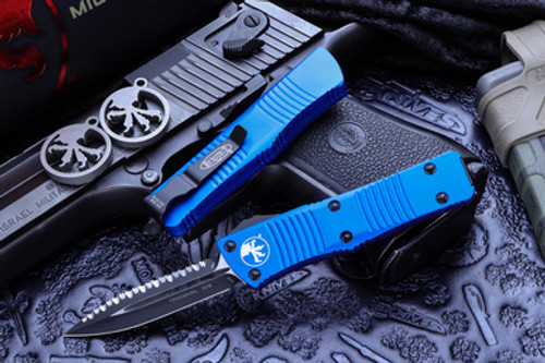 Microtech Troodon OTF Automatic Knife Blue D/E (3" Dagger Full Serrated) 138-3BL