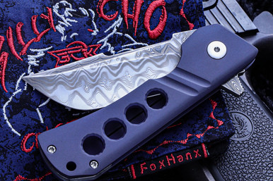 Billy Cho Sanji Framelock Blue Titanium, Steel Flame Clip, 3" Nichols Damascus (2019 CCKS Show)