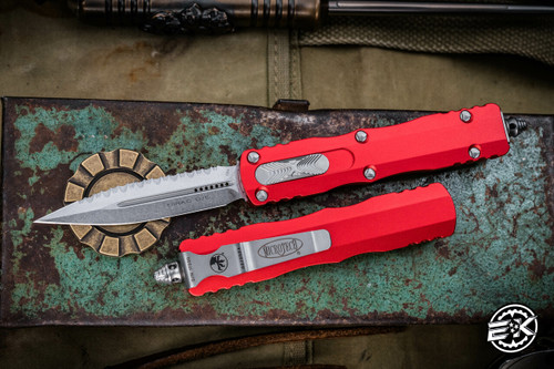 Microtech Dirac OTF Automatic Knife Red 3.0\" Dagger Stonewash Serrated  225-12RD