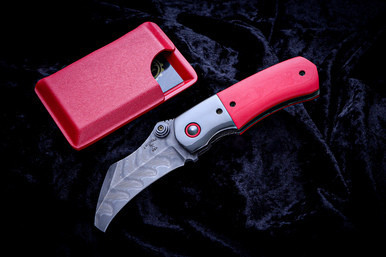 Jonathan McNees Hawkbill Red Carboquartz, Zirconium Bolsters/Clip 3.5" Damascus
