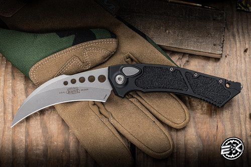 Microtech Hawk Automatic Folding Knife Black Aluminum/Textured Inlay 4" M390 Hawkbill Apocalyptic Stonewash 166-10AP
