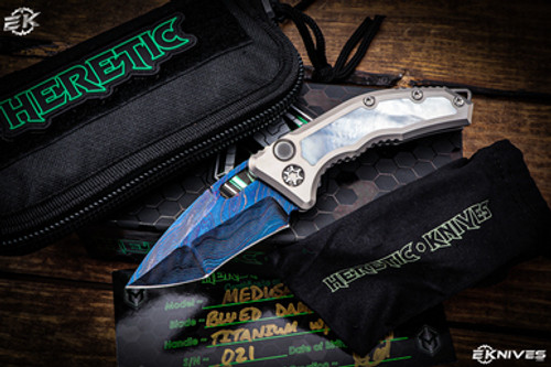 Heretic Knives Custom Medusa Automatic Knife, Mother of Pearl Inlay, 3.25" Blued Damascus Recurve