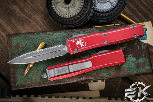 Microtech Ultratech OTF Automatic Knife Distressed Red 3.4" Dagger Stonewash Serrated 122-12DRD