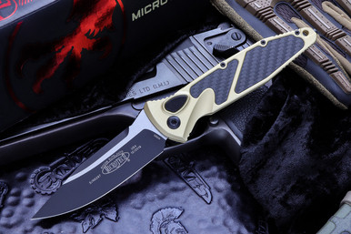 Microtech Socom Elite Automatic Champagne Gold/Carbon Fiber Inlay S/E 4" Black 160A-1CGCFI