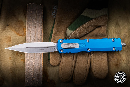 Microtech Dirac Delta OTF Automatic Knife Blue Aluminum 3.75" M390 Dagger Stonewash 227-10BL