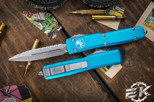 Microtech Ultratech OTF Automatic Knife Turquoise 3.4" Dagger Stonewash Serrated 122-12TQ