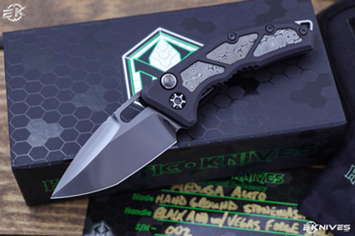 Heretic Knives Custom Medusa Automatic, Damascus Inlay, 3.25" DLC Stonewash Tanto