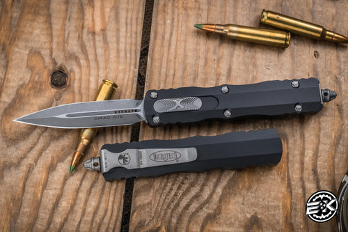 Microtech Dirac OTF Automatic Knife Black Aluminum 2.8" M390 Dagger Apocalyptic Stonewash 225-10AP