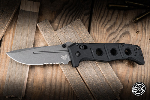 Benchmade Sibert Adamas AXIS Lock Folding Knife Black G10 3.78" CruWear Drop Point Gray Serrated 275SGY-1
