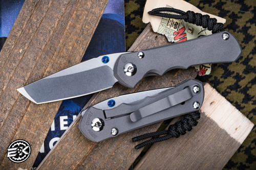 Chris Reeve Knives Small Inkosi Folding Knife Sandblasted Titanium, Blue Accents 2.8" MagnaCut Tanto Stonewash SIN-1042