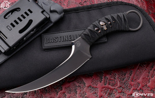 Bastinelli Knives "Mako" Black Tsukamaki, Skull Menuki Dark Stonewash